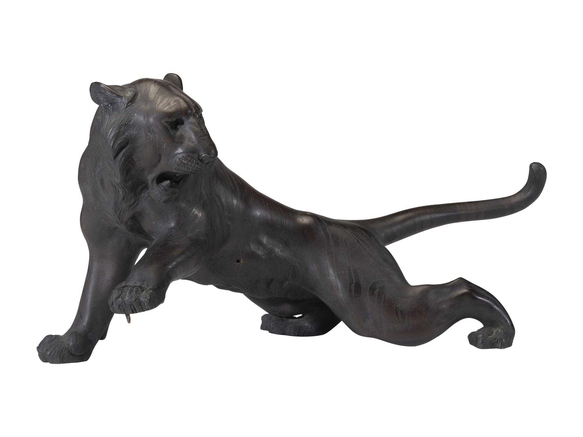 A Japanese Meiji Bronze Tiger and Alligator Sculptural Group