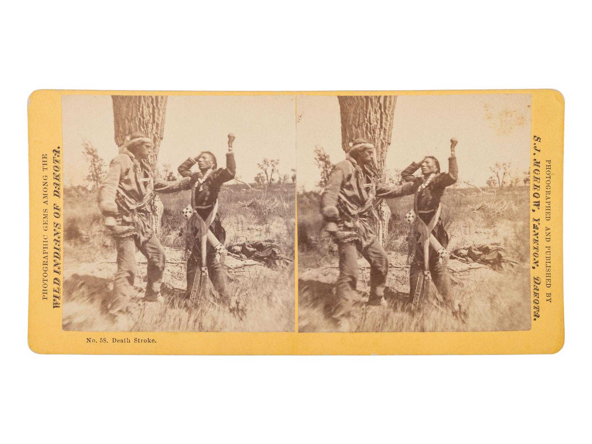 MORROW, Stanley J. (1843-1921), photographer. A group of 7 stereoviews documenting a staged encounter between Luther "Yellowstone" Kelly and a Sioux Indian.