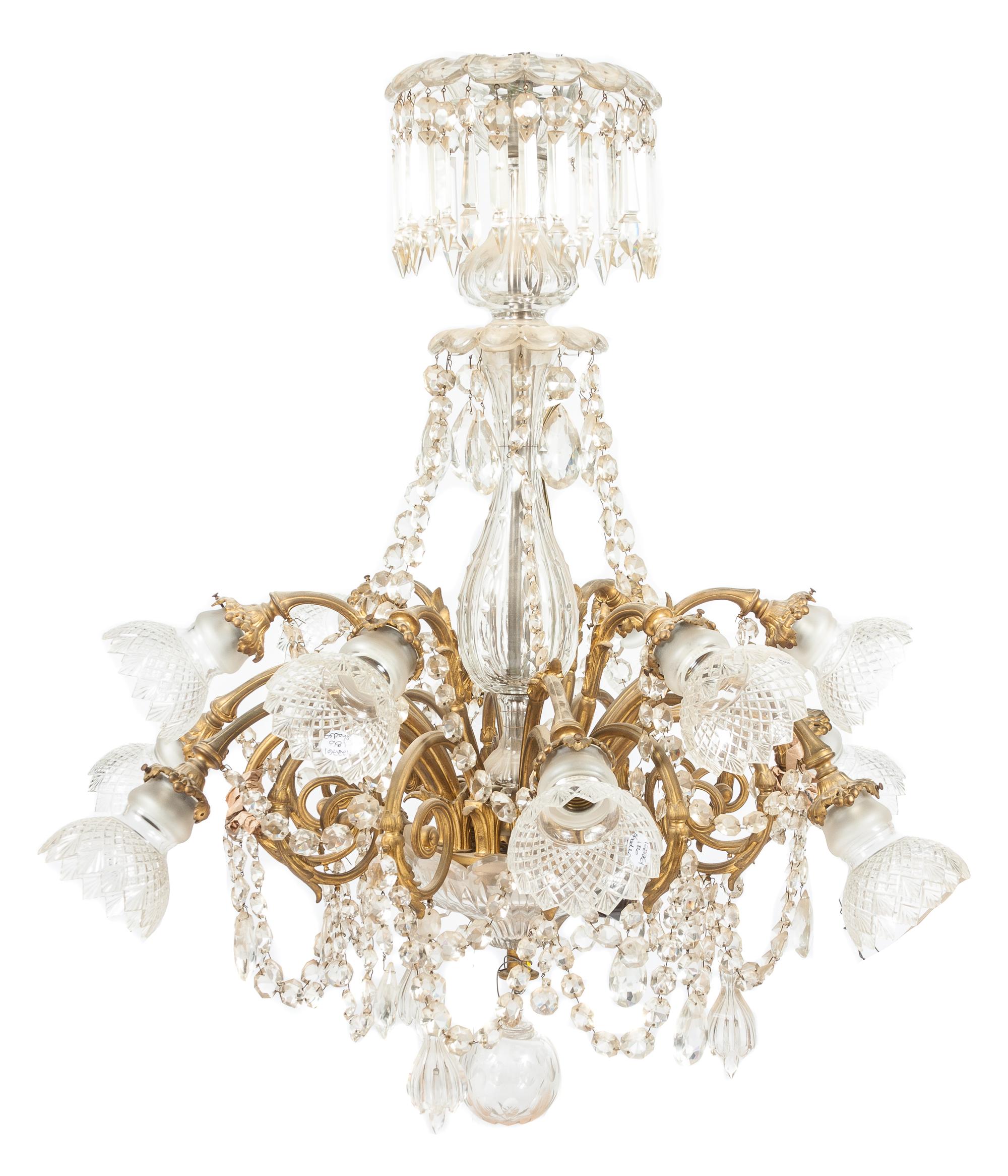 A Gilt Bronze and Cut Glass Twelve-Light Chandelier Height 43 inches.