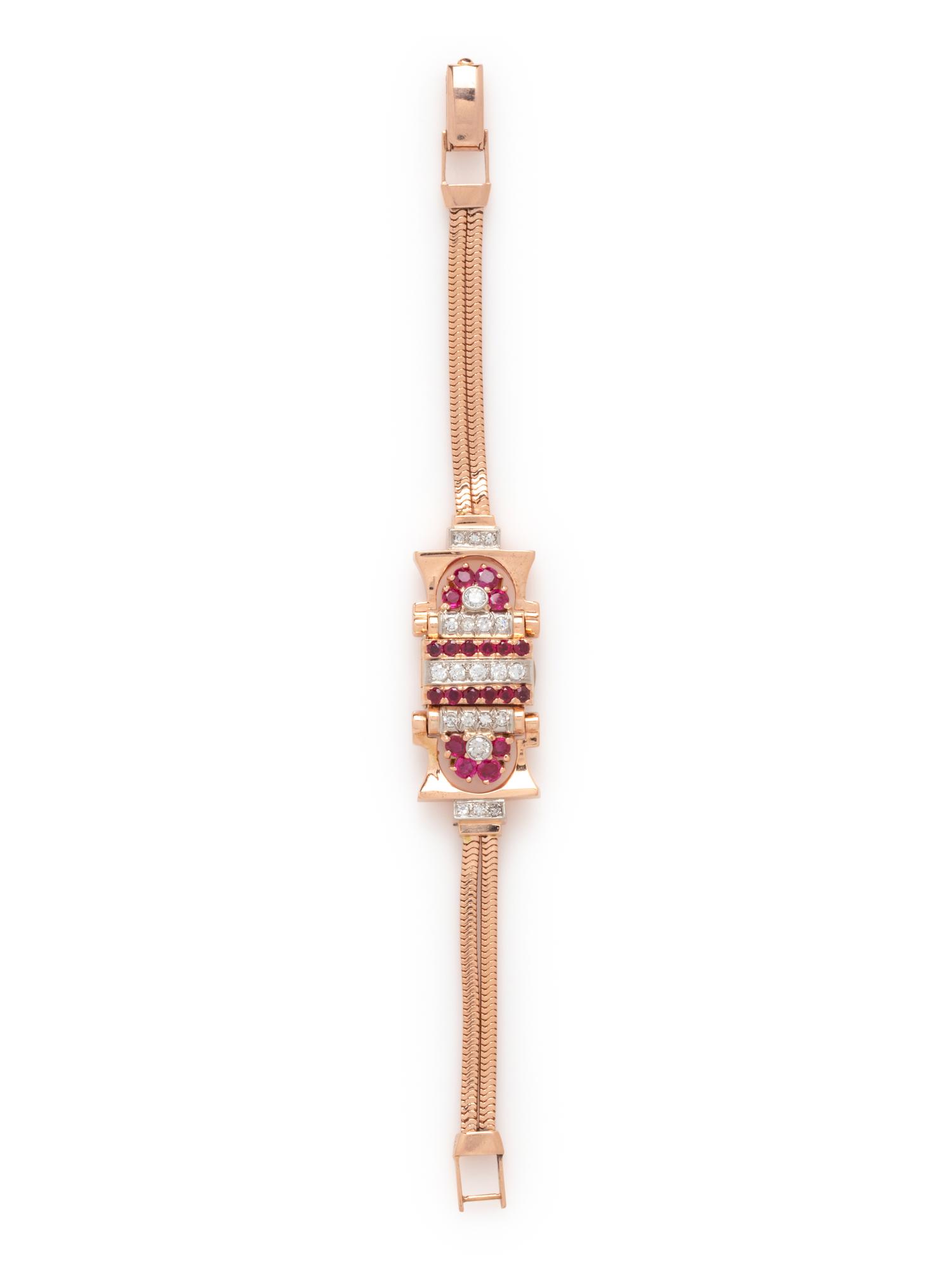 HAMILTON, RETRO, 14K ROSE GOLD, RUBY AND DIAMOND SURPRISE WRISTWATCH