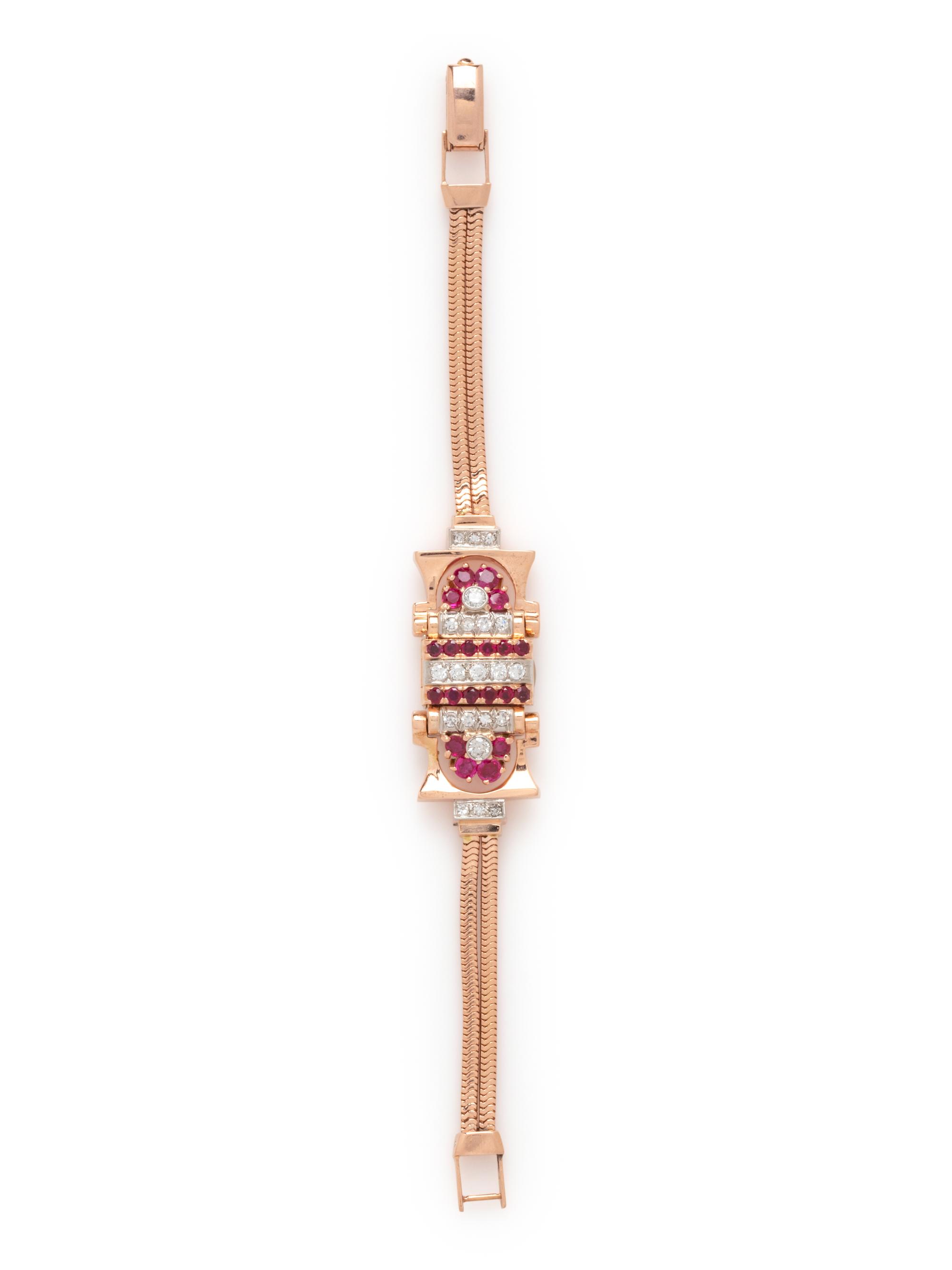 HAMILTON, RETRO, 14K ROSE GOLD, RUBY AND DIAMOND SURPRISE WRISTWATCH