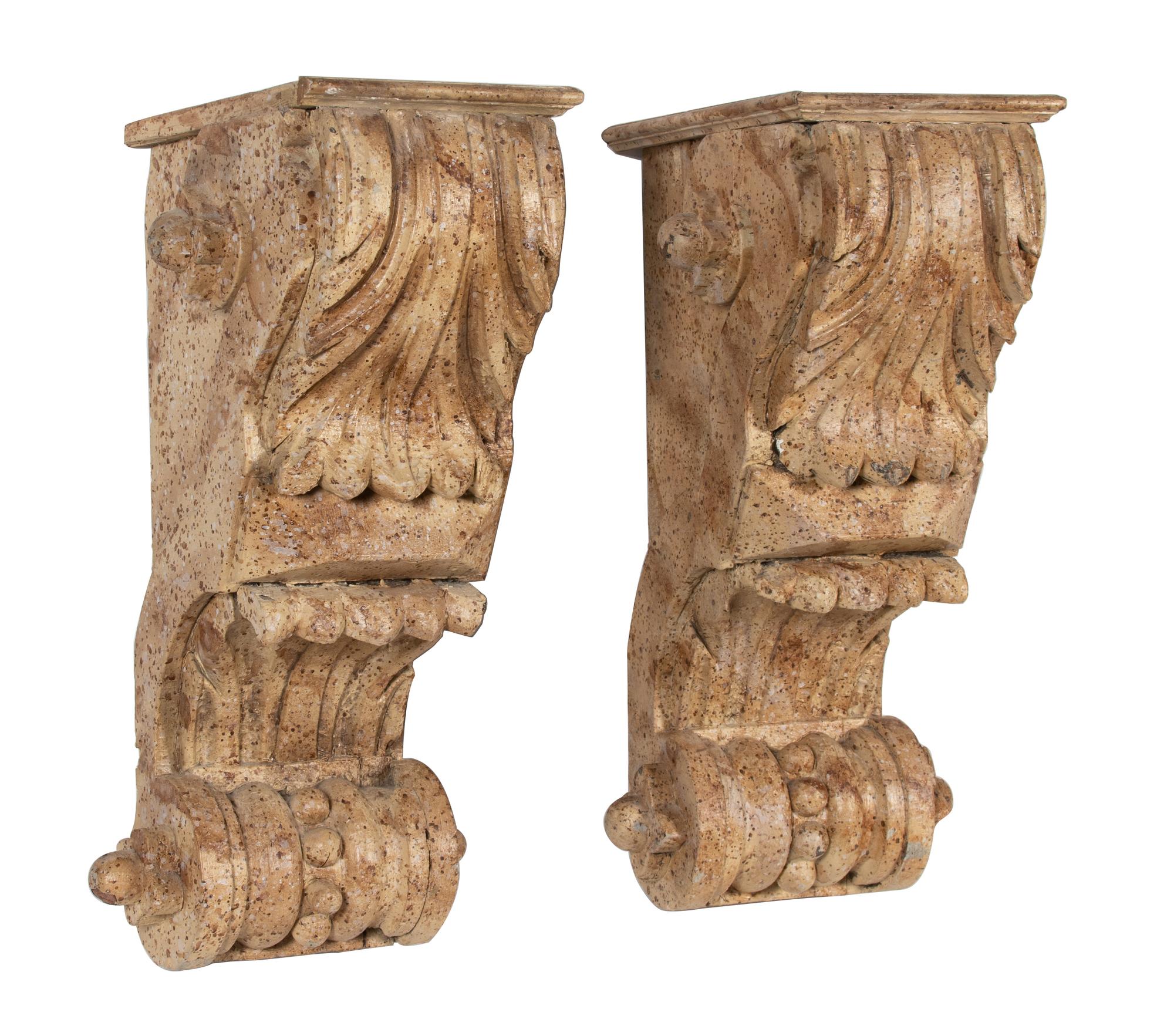A Pair of Italian Carved Faux Marble Painted Wood Wall Mounts Height 28 x width 10 inches. — 19TH CENTURY