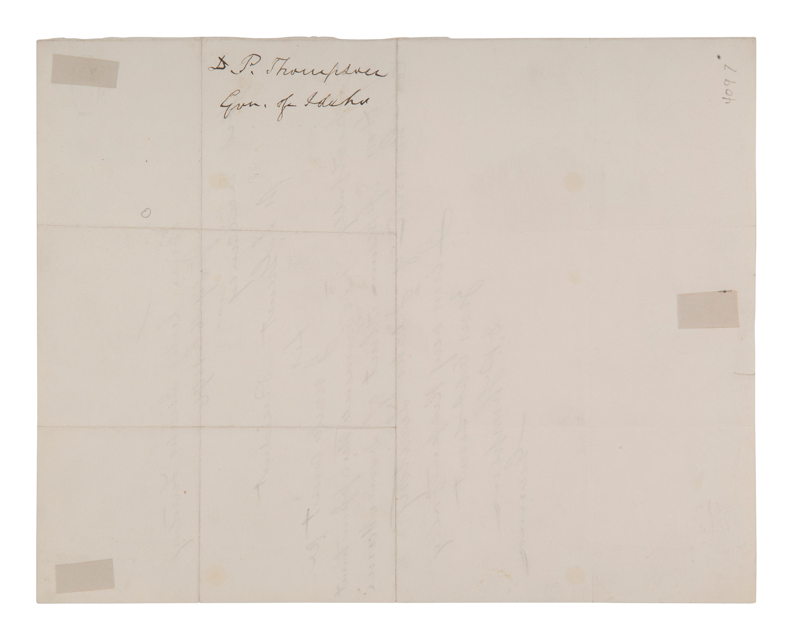 [IDAHO TERRITORY]. THOMPSON, David P. (1834-1901). Autograph letter signed ("D. P. Thompson"), as Idaho Territory Governor, to Ulysses S. GRANT. Boise City, ID, 16 July 1876.