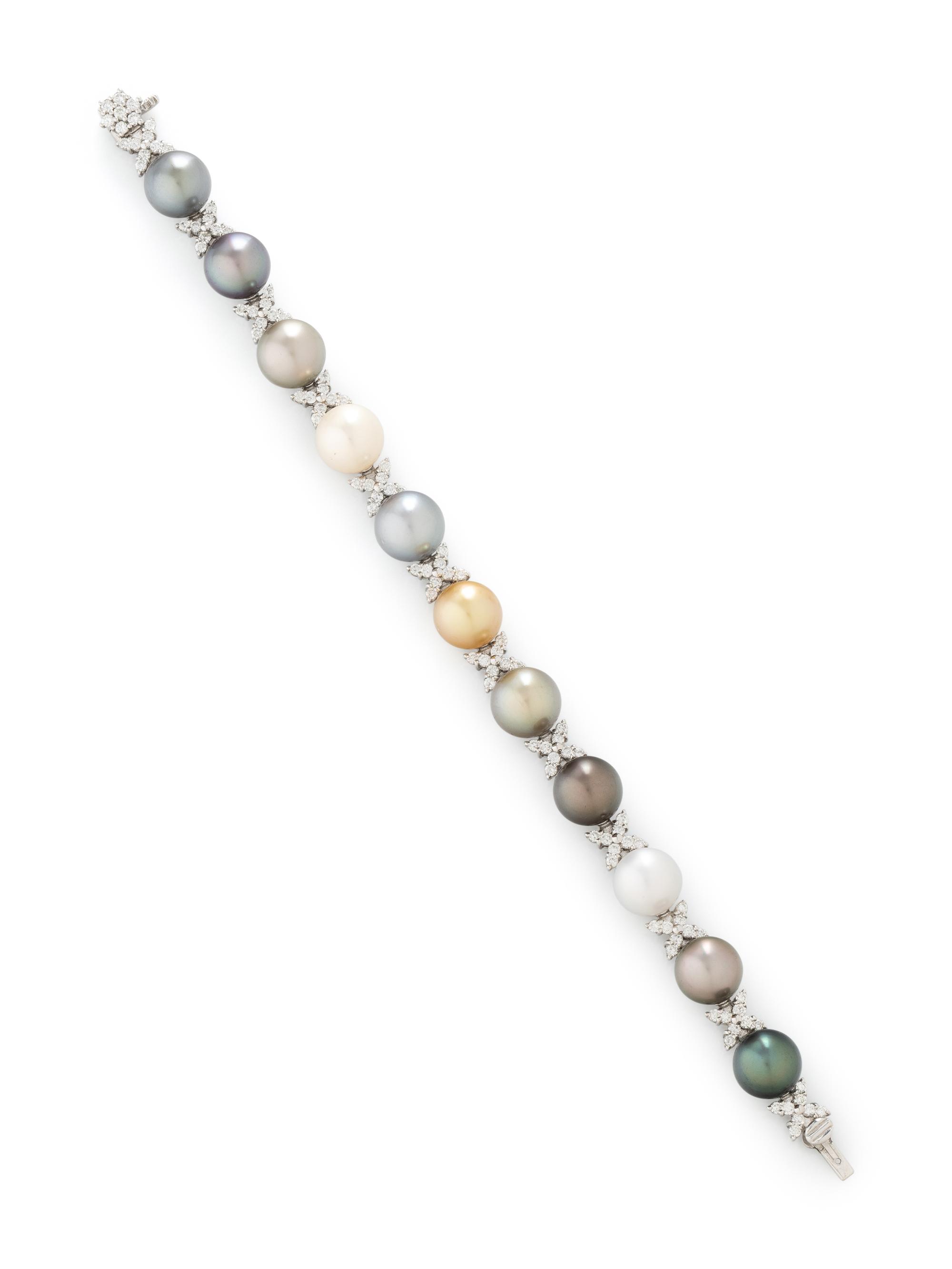 MULTICOLOR CULTURED PEARL, DIAMOND, AND WHITE GOLD BRACELET