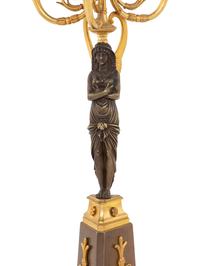 A Pair of Empire Style Gilt and Patinated Bronze Figural Candelabra