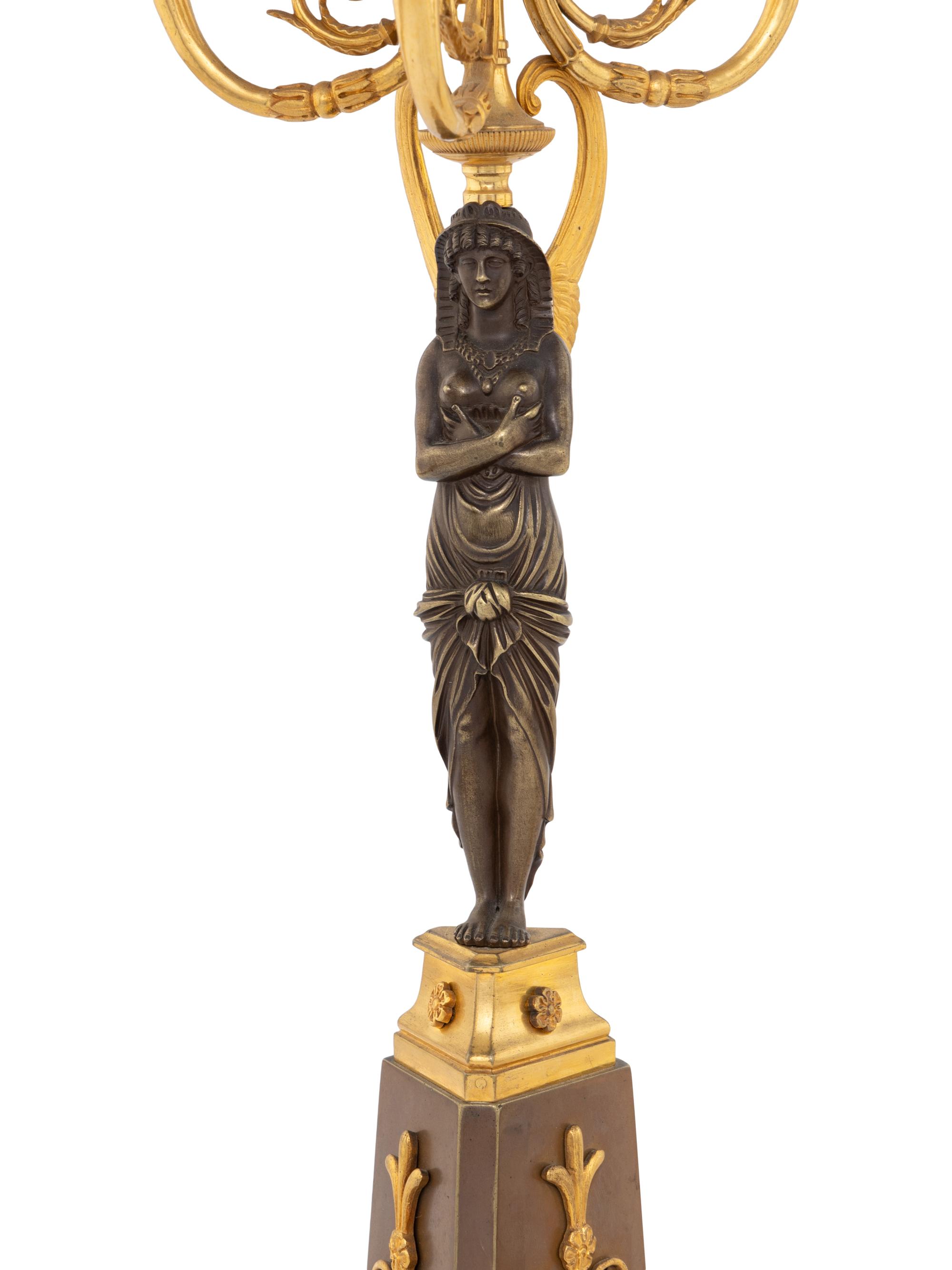 A Pair of Empire Style Gilt and Patinated Bronze Figural Candelabra