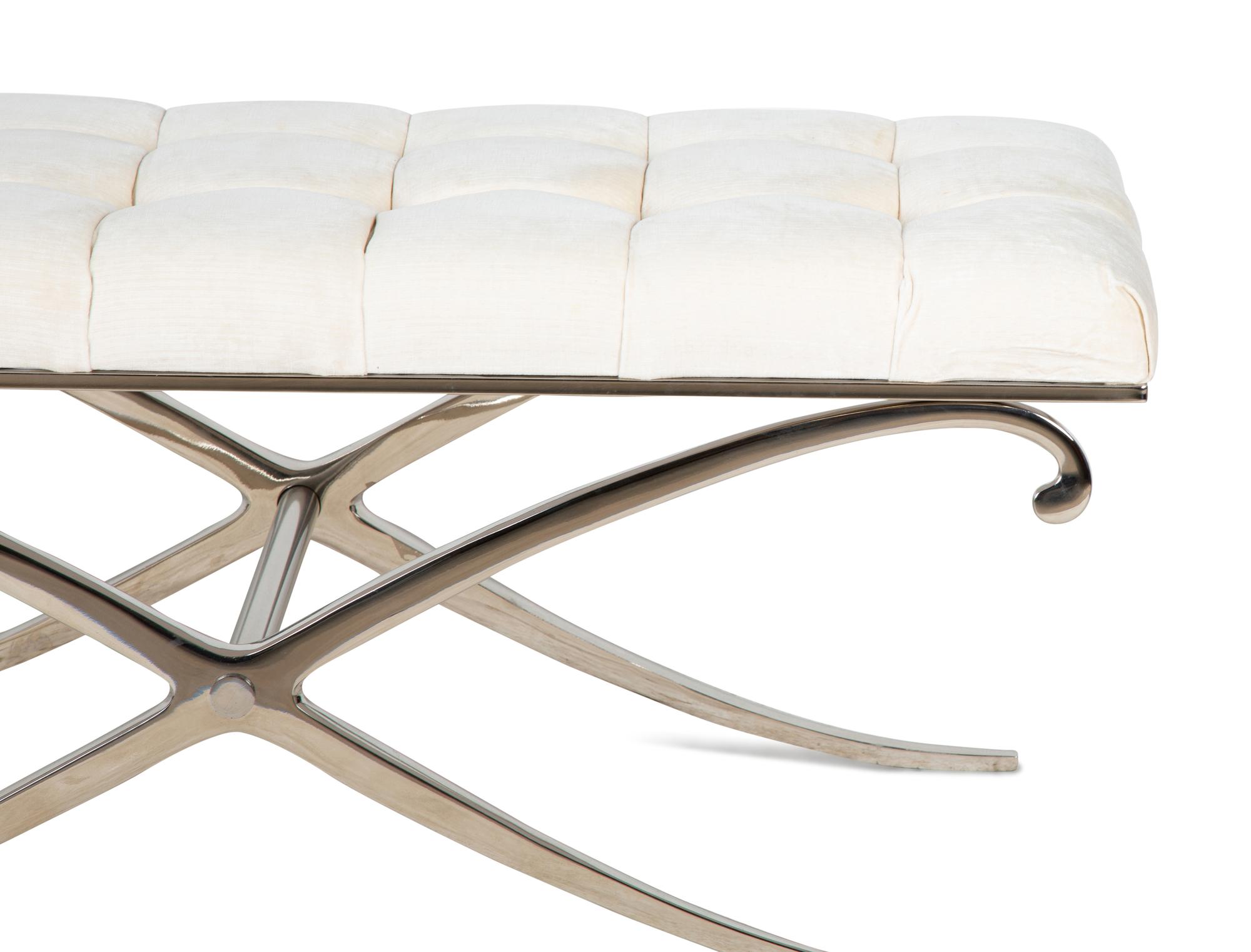 A Contemporary Curule-Form Chrome and Upholstered Bench — 20TH CENTURY