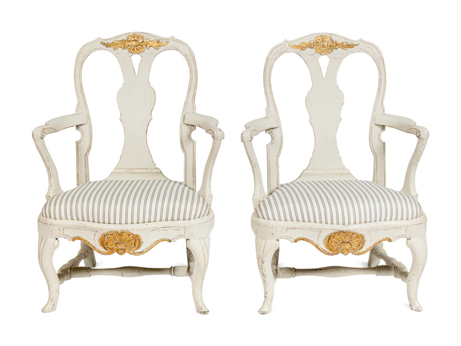 A Pair of Swedish White-Painted and Parcel-Gilt Open Armchairs