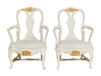 A Pair of Swedish White-Painted and Parcel-Gilt Open Armchairs