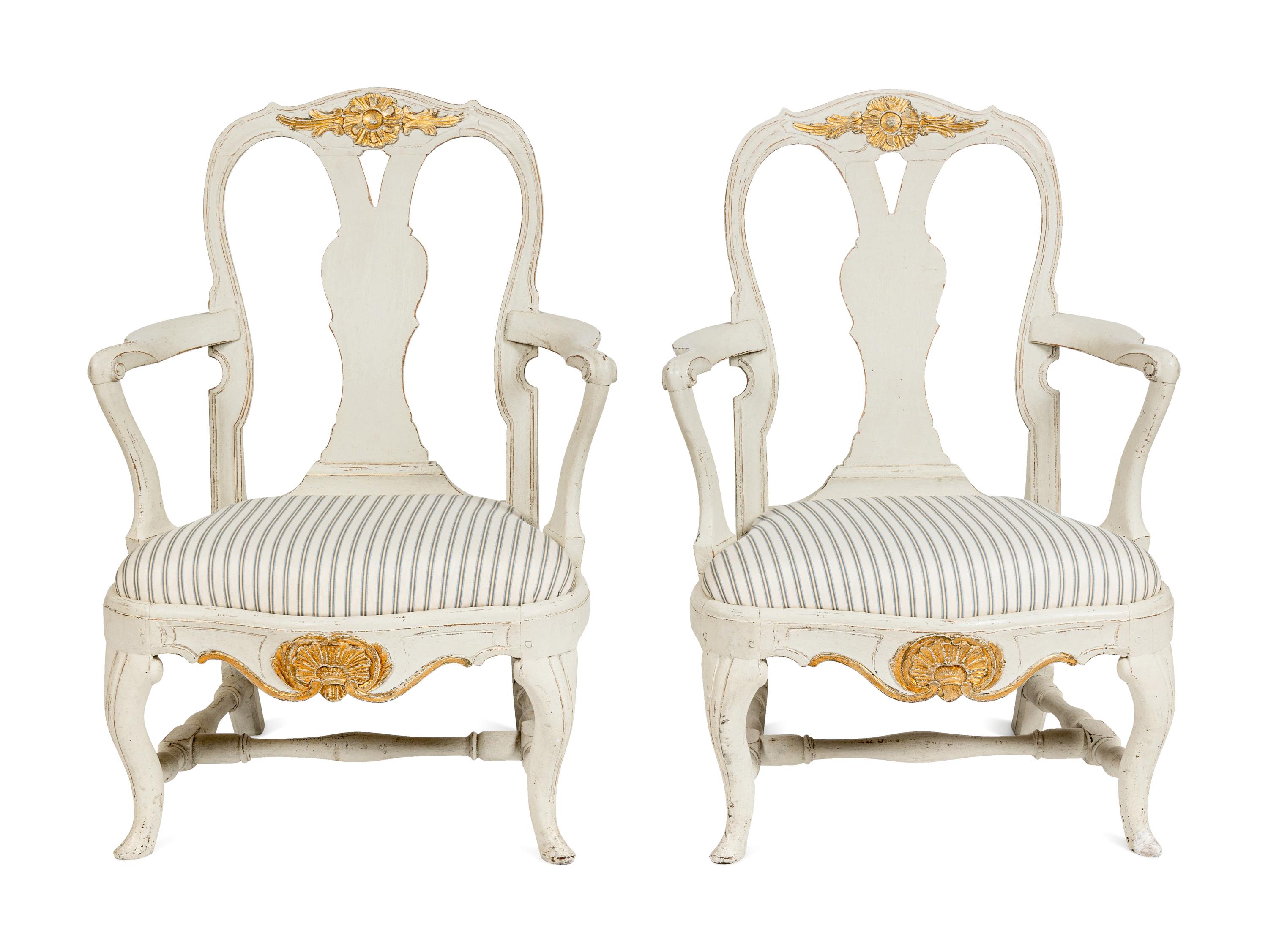 A Pair of Swedish White-Painted and Parcel-Gilt Open Armchairs