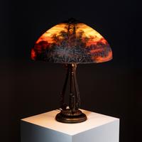 Reverse-painted glass table lamp, wooded landscape
