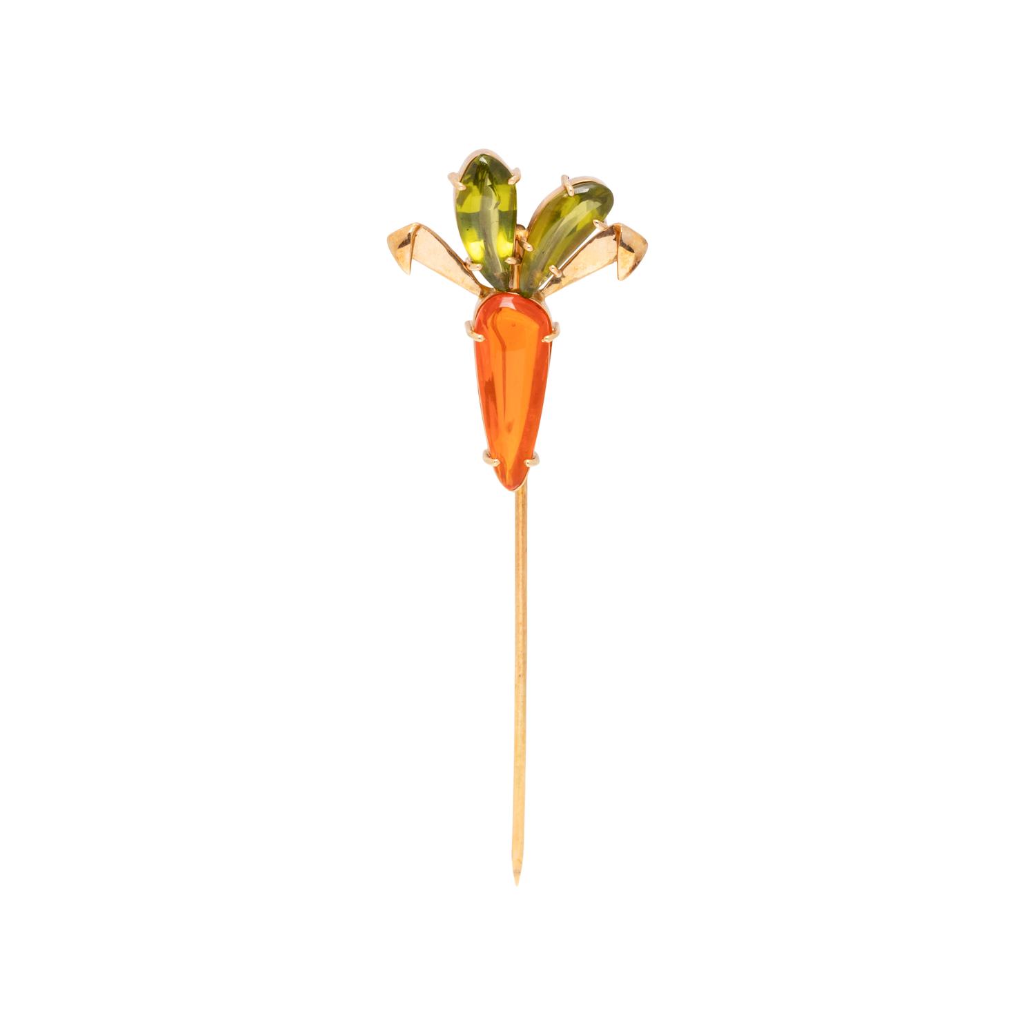 KAHLE, FIRE OPAL AND PERIDOT CARROT STICKPIN