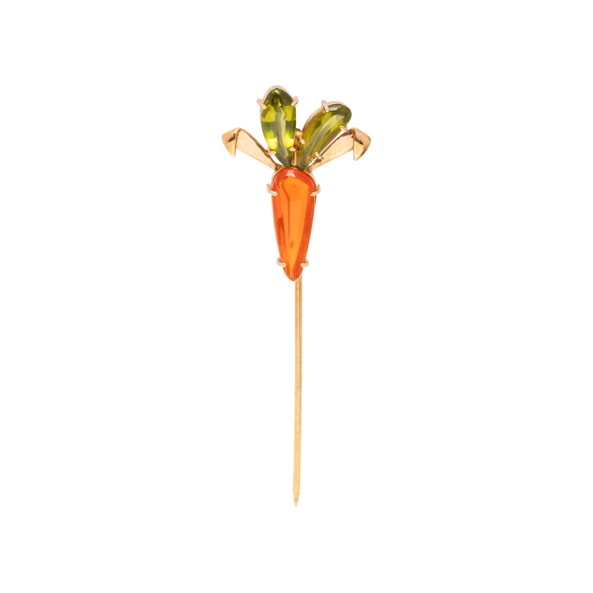KAHLE, FIRE OPAL AND PERIDOT CARROT STICKPIN