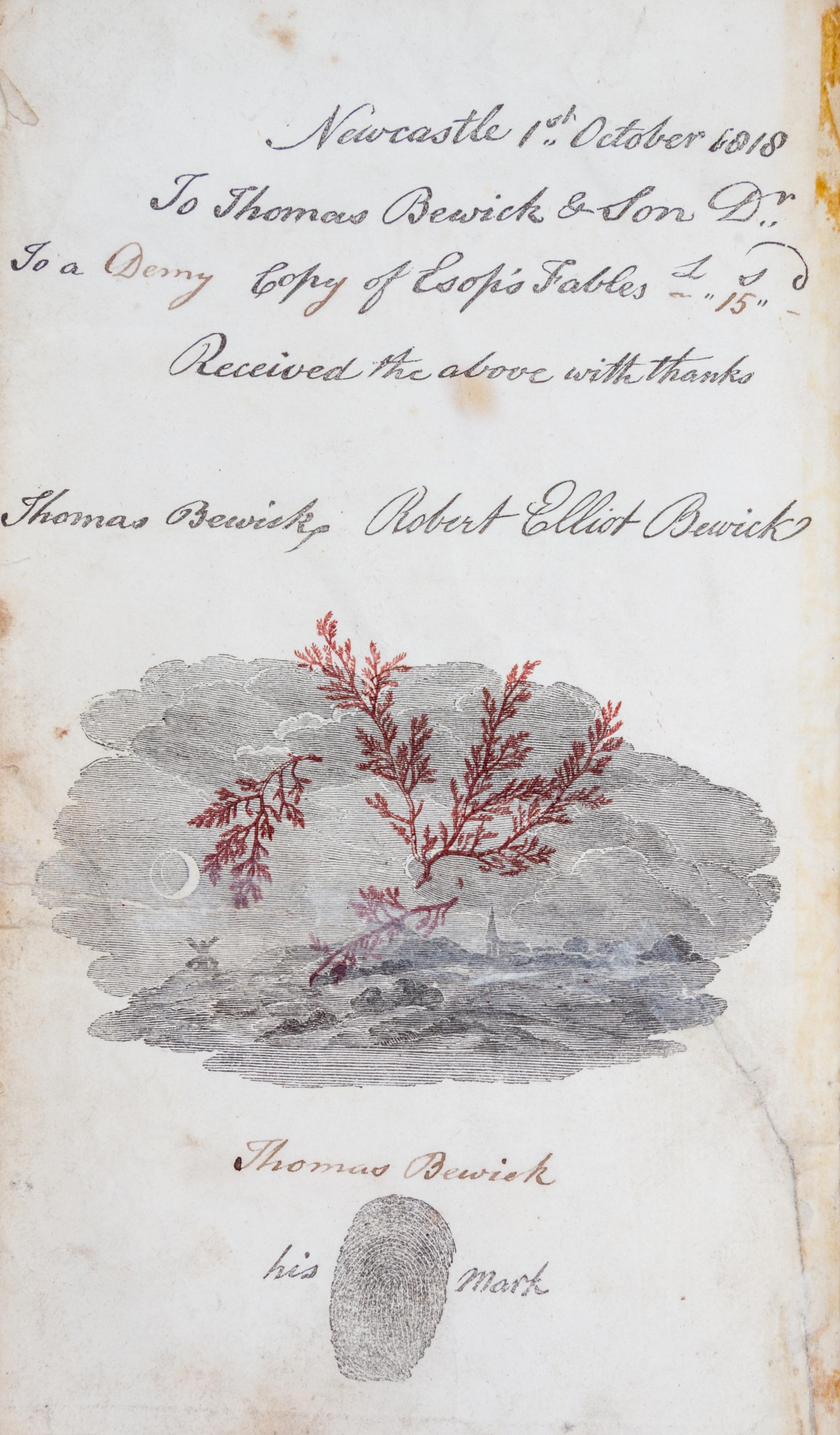 (BEWICK, THOMAS) AESOP. The Stories. Newcastle, 1818. First edition, signed with thumbprint.
