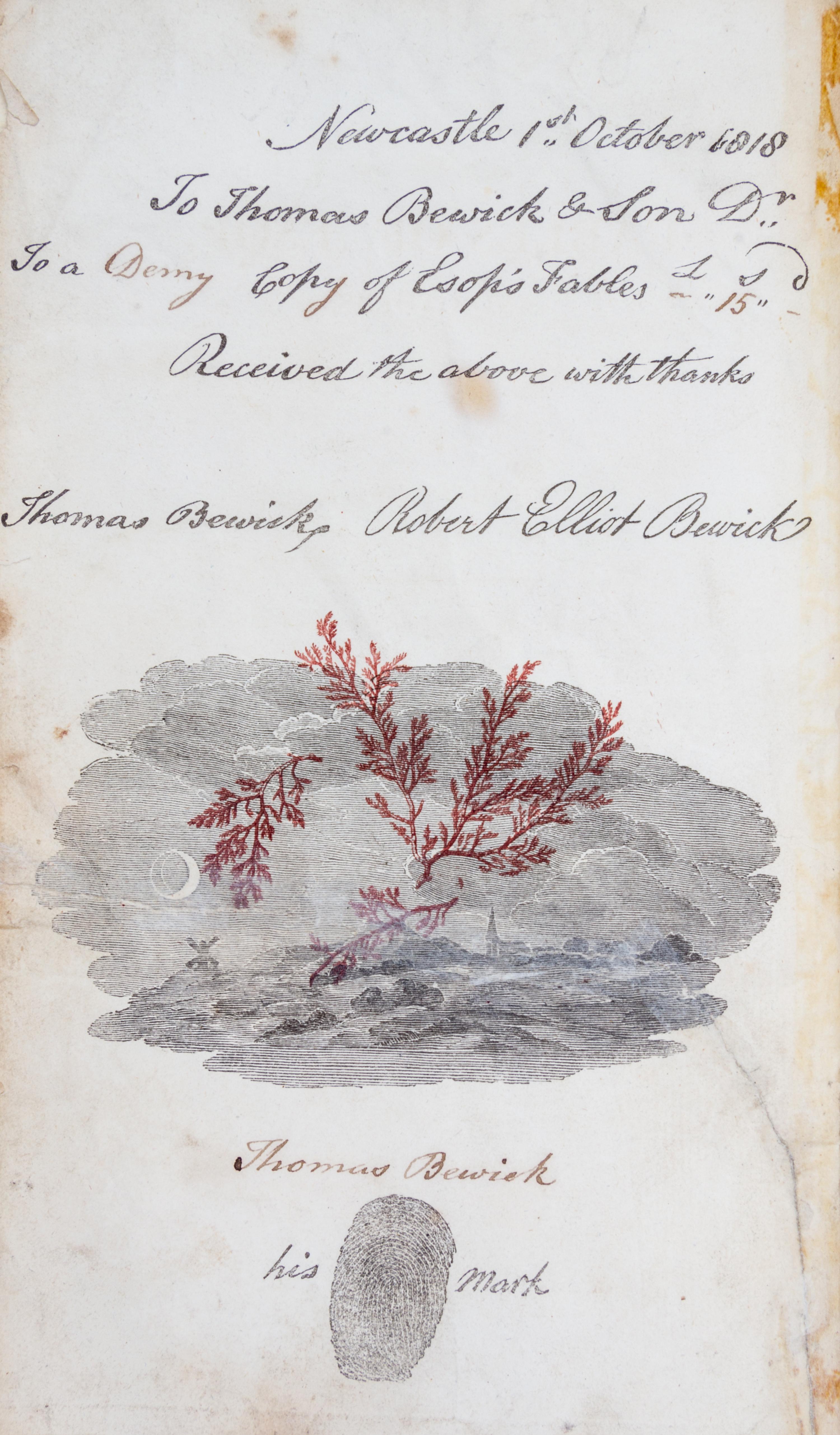 (BEWICK, THOMAS) AESOP. The Stories. Newcastle, 1818. First edition, signed with thumbprint.