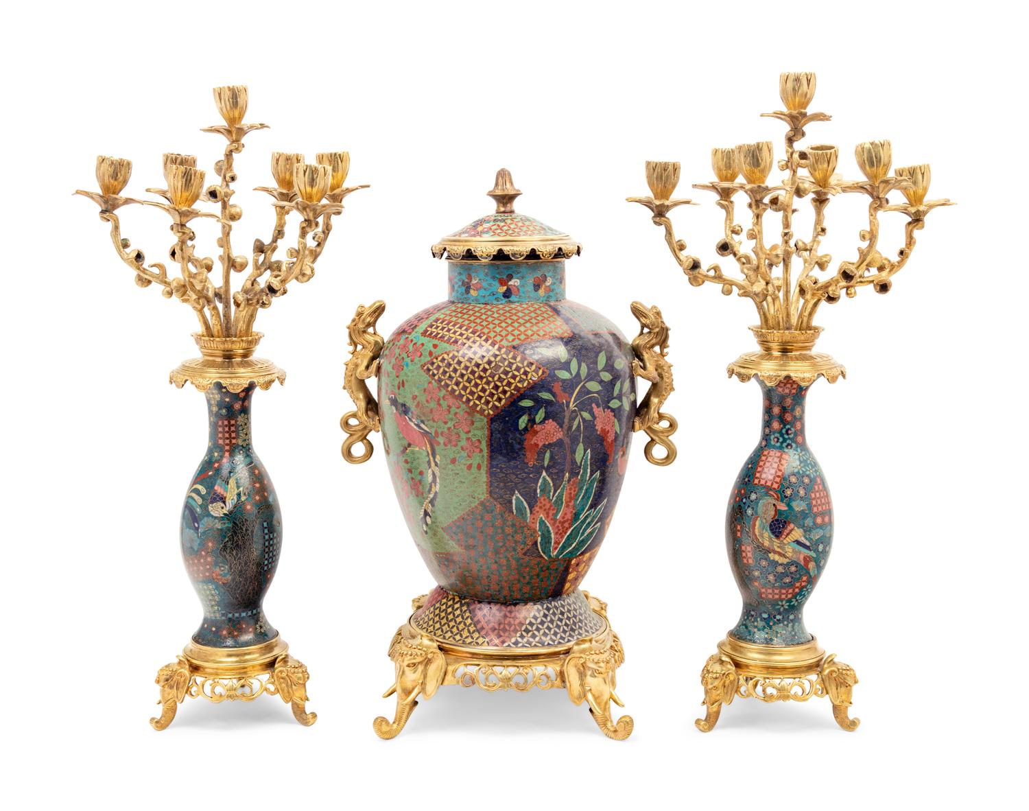 A French Gilt Bronze and Cloisonné Japonisme Clock Garniture