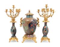 A French Gilt Bronze and Cloisonné Japonisme Clock Garniture