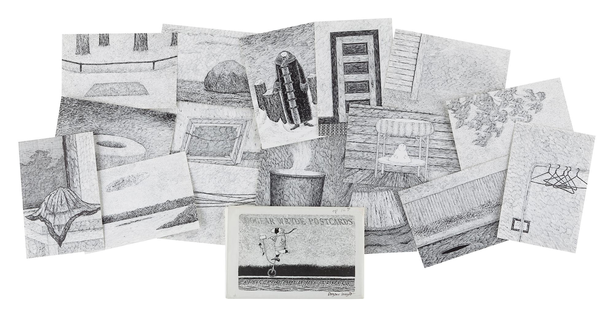 GOREY, Edward (1925-2000). Dogear Wryde Postcards. Alms for Oblivion Series . N.p., 1978. -- Dogear Wryde Postcards. Interpretive Series. N.p., 1979.