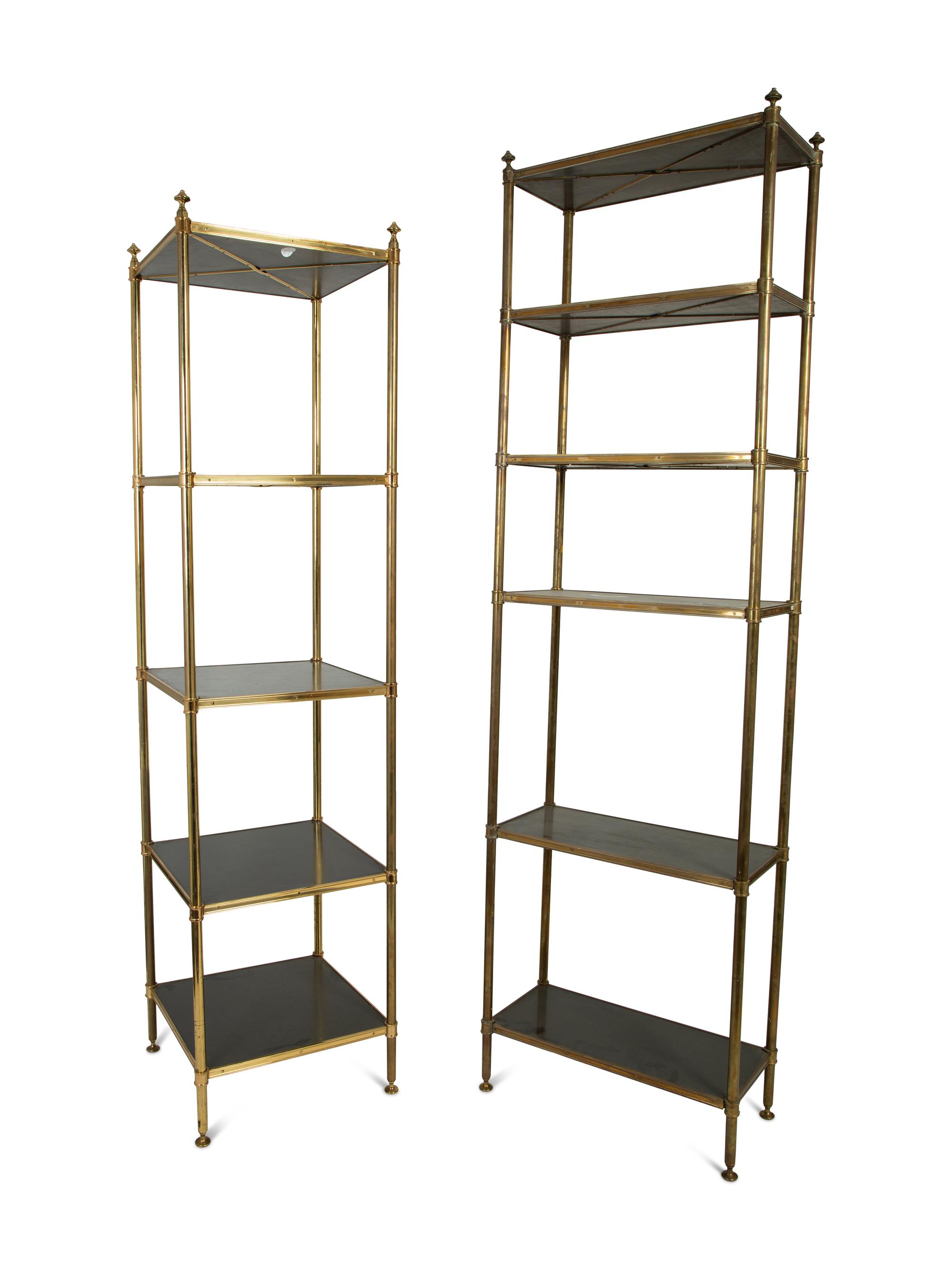 Two Brass and Black Lacquer-Finished Wood "Porter" Etageres After the Design by Billy Baldwin — 20TH CENTURY