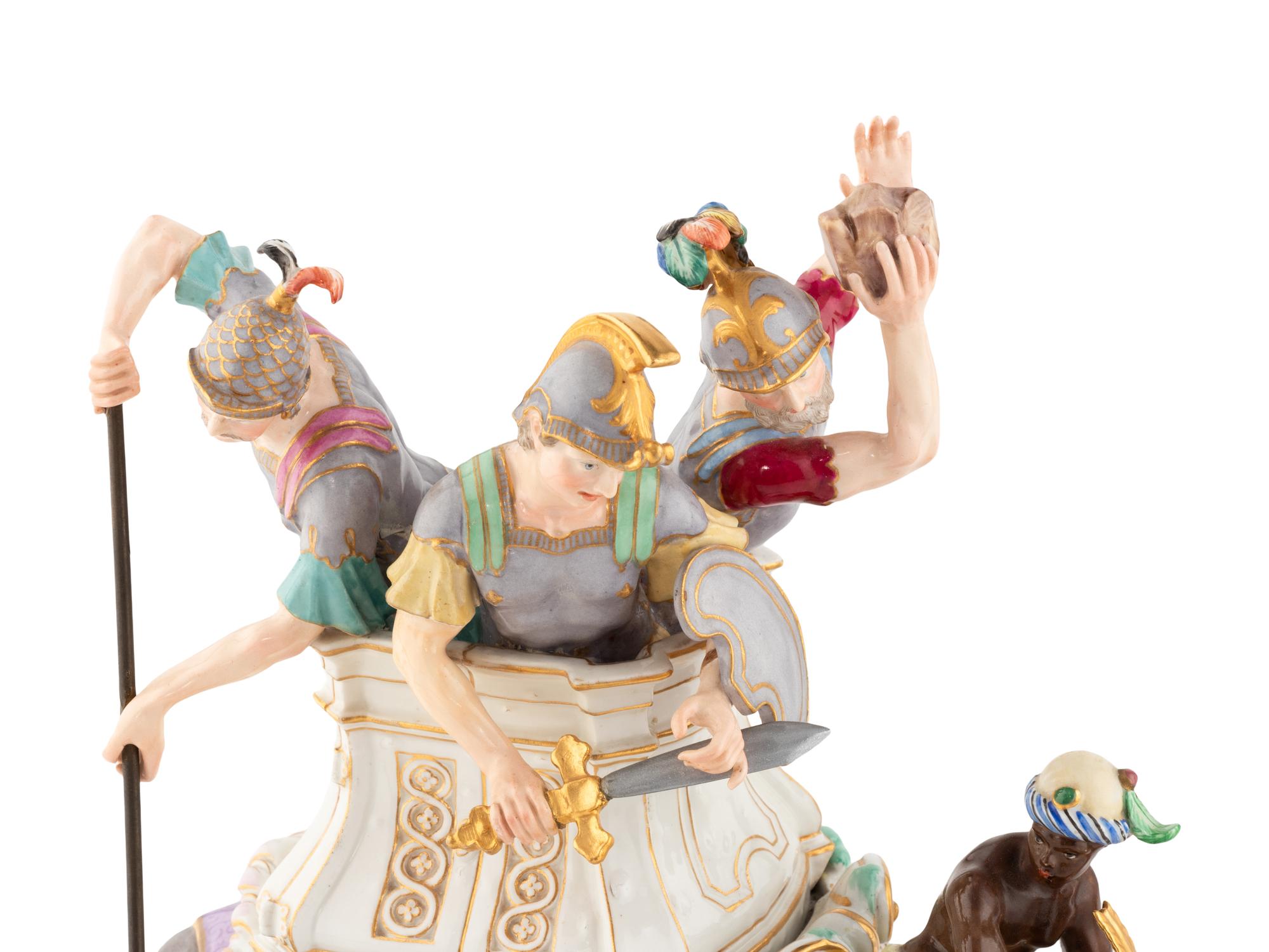A Pair of Meissen Porcelain Caparisoned Elephant and Soldier Figural Groups