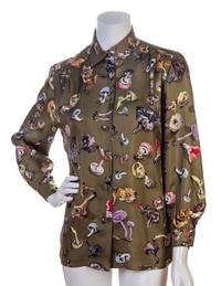 An Hermes Olive Silk Patterned Blouse, Size 40.