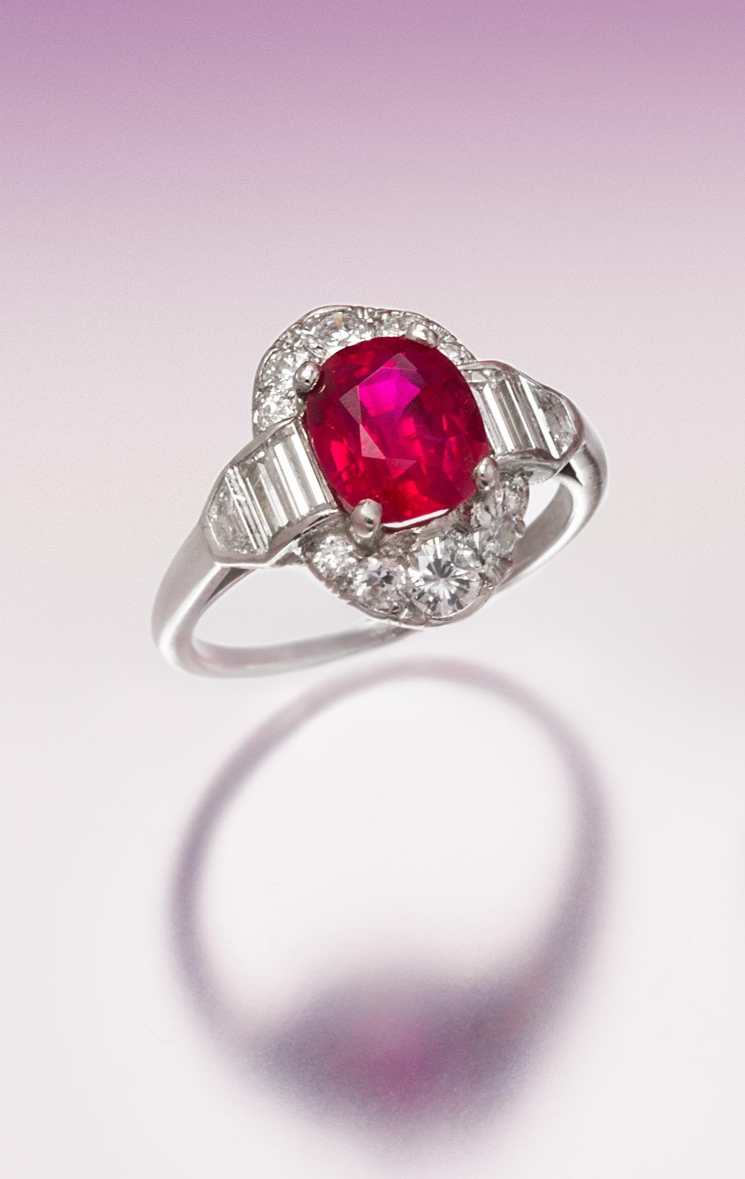 An Art Deco Platinum, Burmese Ruby and Diamond Ring, 3.20 dwts.