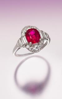An Art Deco Platinum, Burmese Ruby and Diamond Ring, 3.20 dwts.
