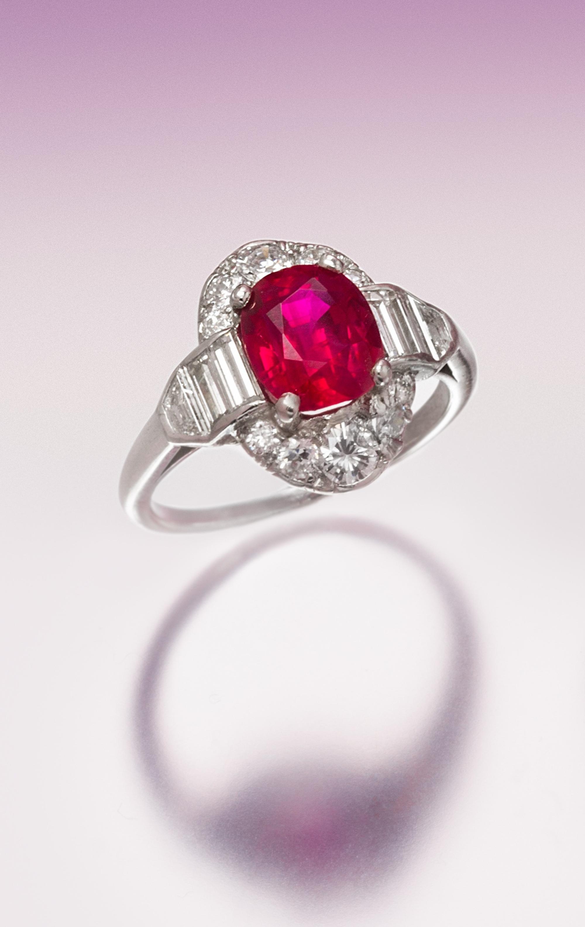 An Art Deco Platinum, Burmese Ruby and Diamond Ring, 3.20 dwts.