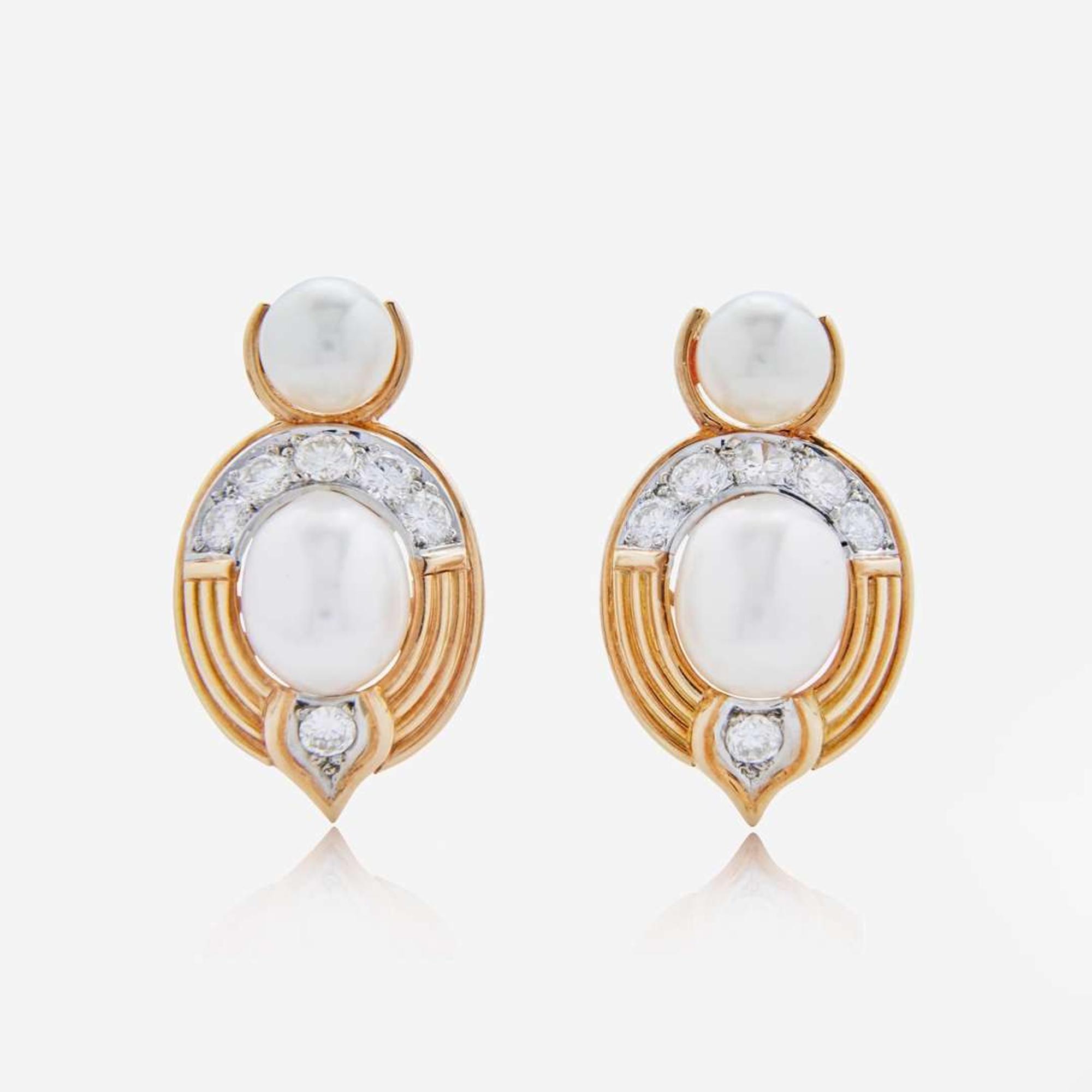 A Pair of Pearl, Diamond, and 14K Gold Earrings
