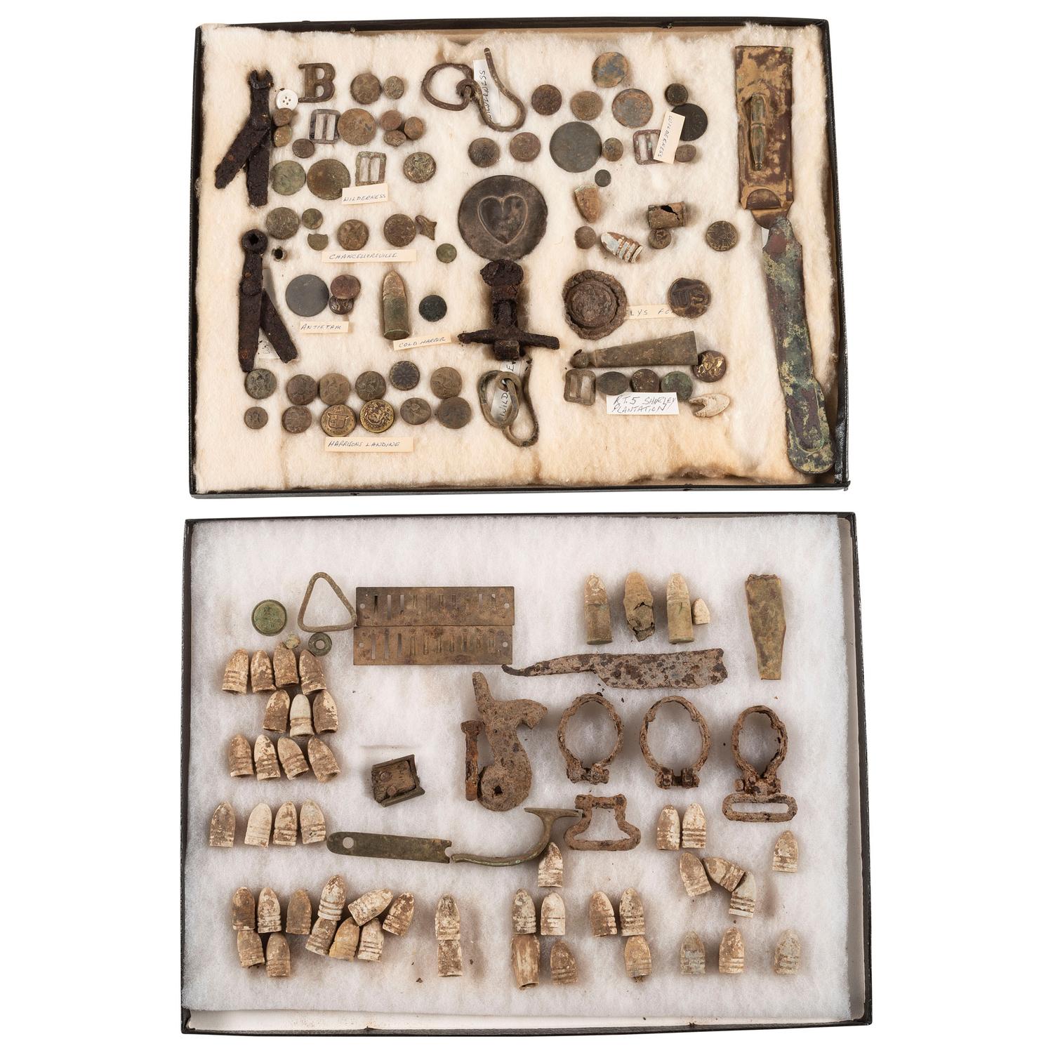 Lot of Two Riker Cases of Dug Civil War Relics Including: Gun Parts, Gun Tools, Buttons, Bullets, etc.