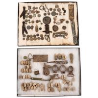 Lot of Two Riker Cases of Dug Civil War Relics Including: Gun Parts, Gun Tools, Buttons, Bullets, etc.