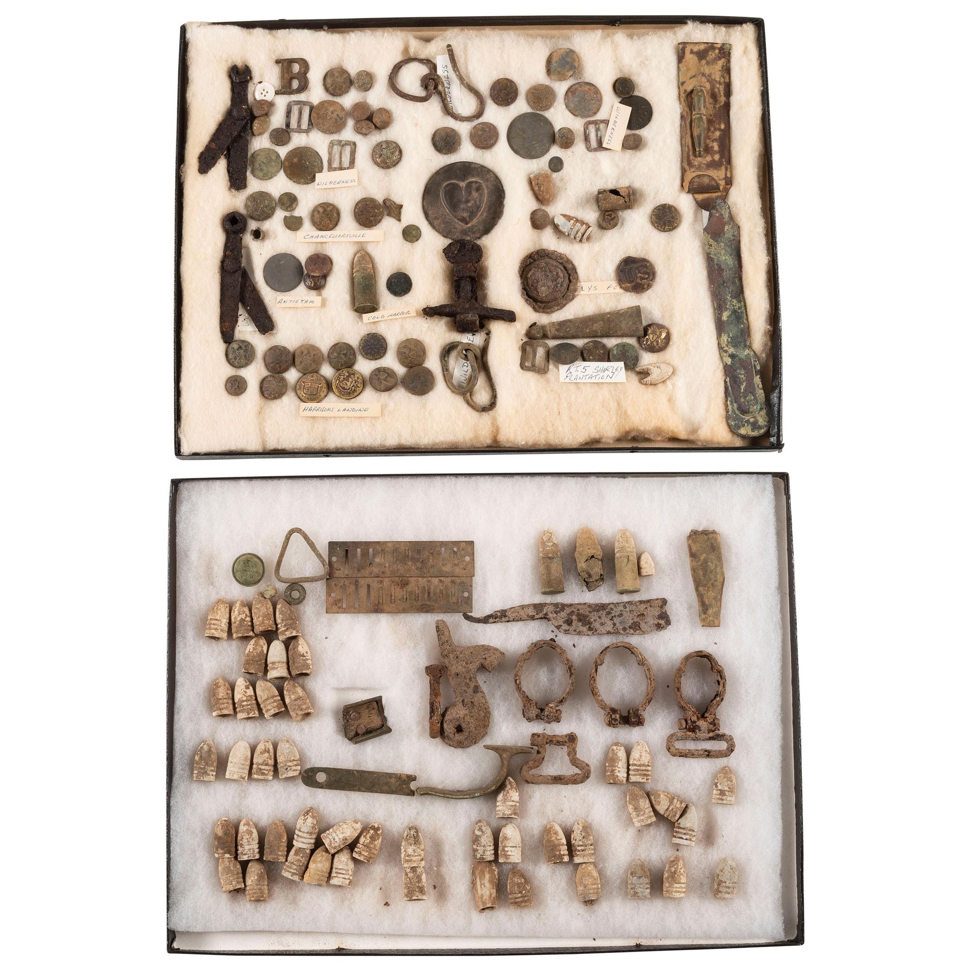 Lot of Two Riker Cases of Dug Civil War Relics Including: Gun Parts, Gun Tools, Buttons, Bullets, etc.