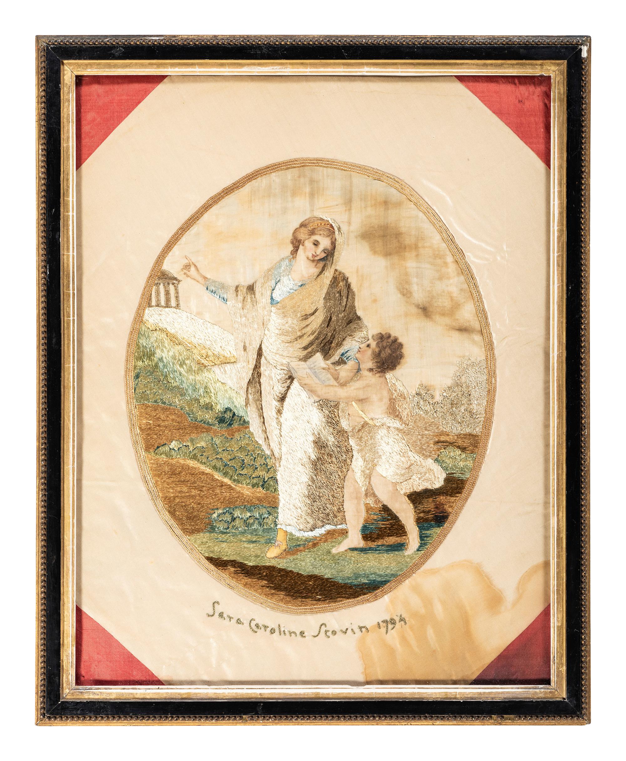 A Pair of Needlework Embroidered Pictures, Wrought by Sara Caroline Scovin