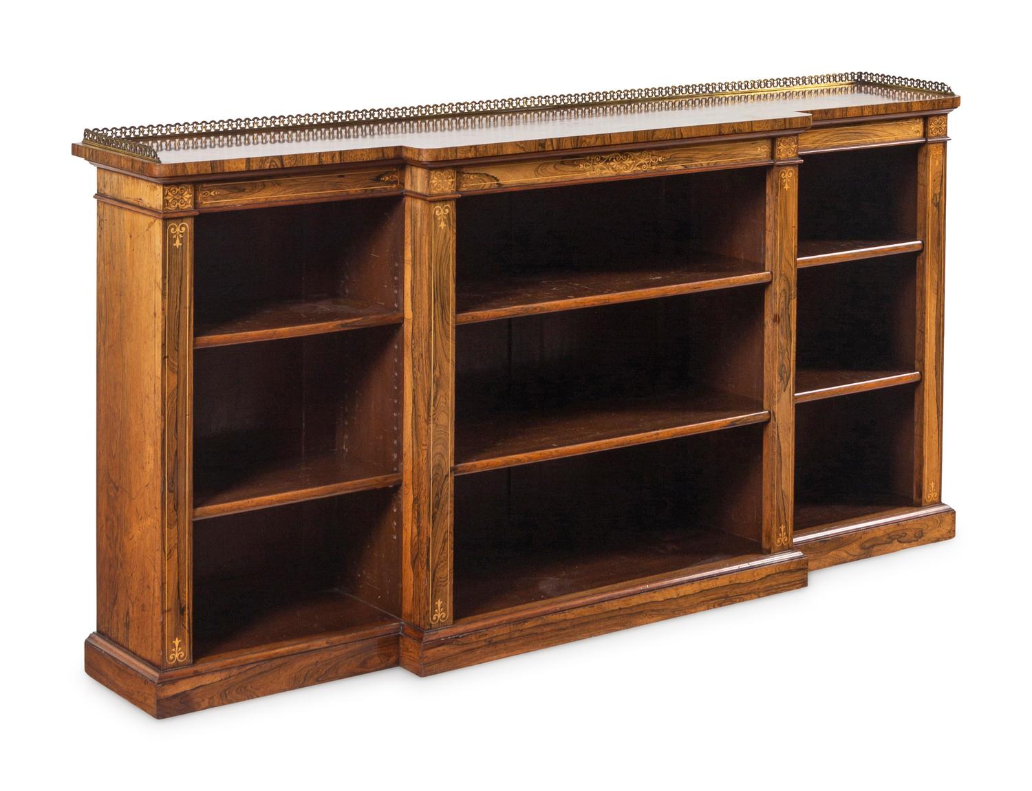 A Regency Indian Rosewood and Fruitwood Marquetry Breakfront Bookcase