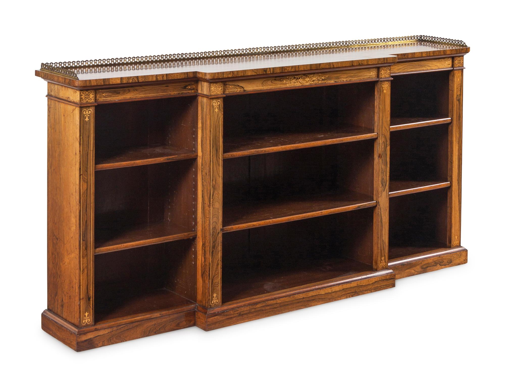A Regency Indian Rosewood and Fruitwood Marquetry Breakfront Bookcase