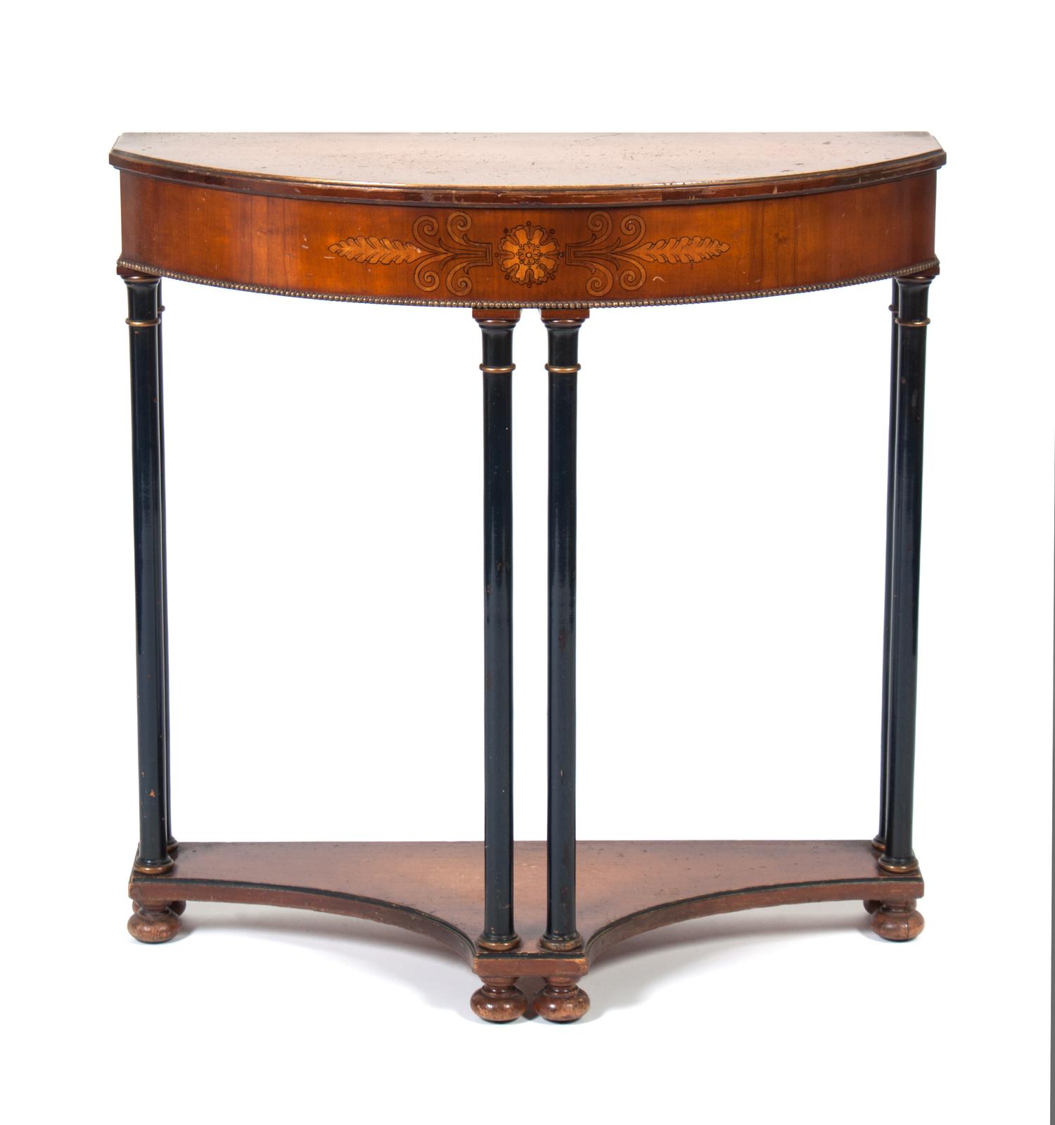 A Demilune Console Table Height 32 1/4 x width 32 x depth 13 inches.