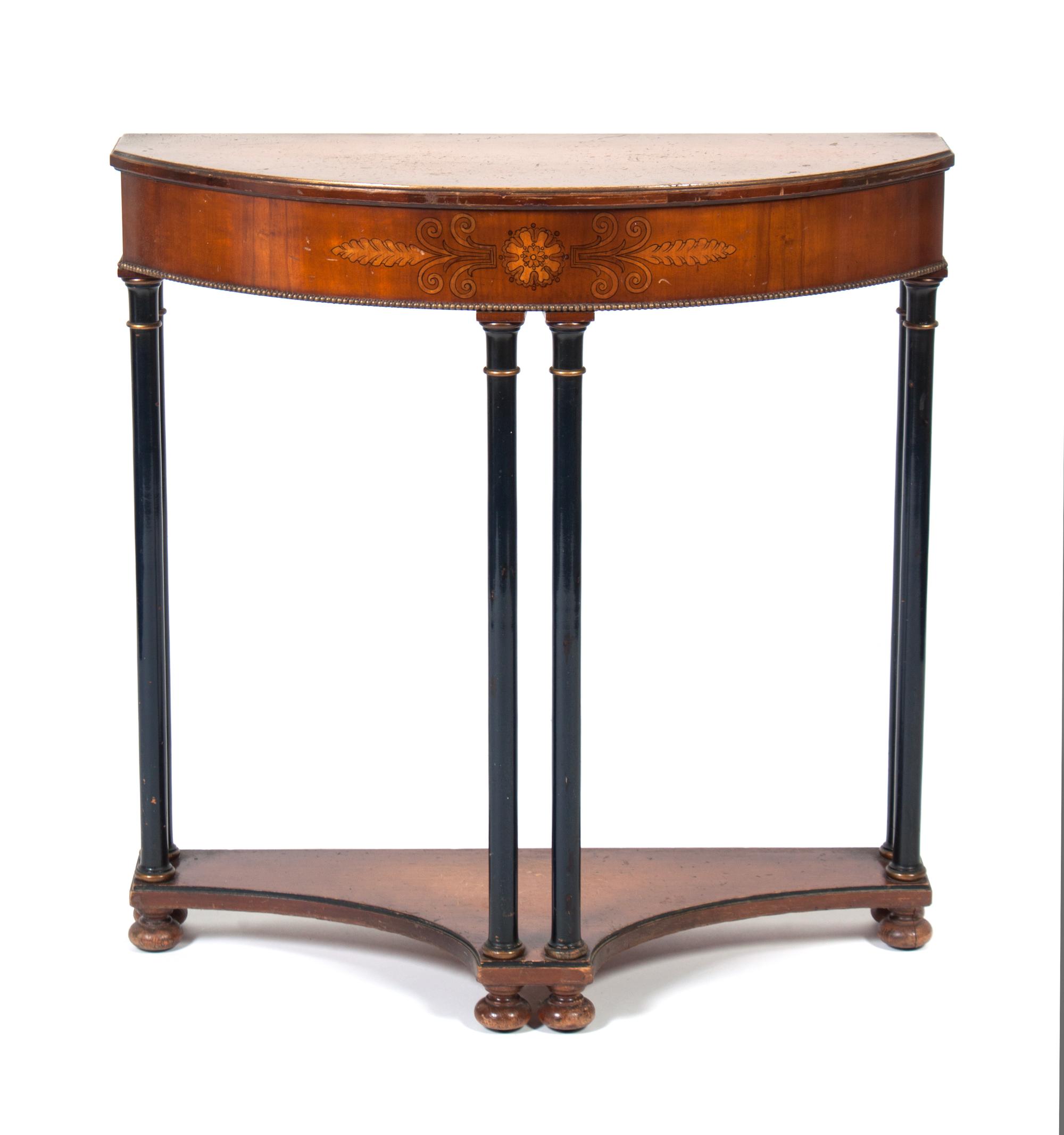 A Demilune Console Table Height 32 1/4 x width 32 x depth 13 inches.