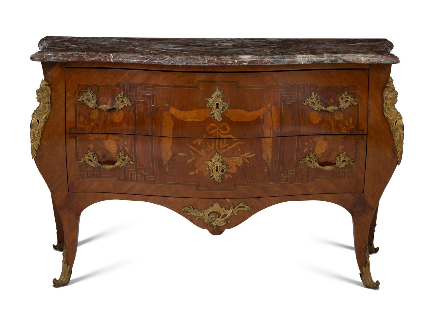 A Louis XV Style Gilt Bronze Mounted Marquetry and Kingwood Marble-Top Bombé Commode