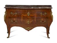 A Louis XV Style Gilt Bronze Mounted Marquetry and Kingwood Marble-Top Bombé Commode