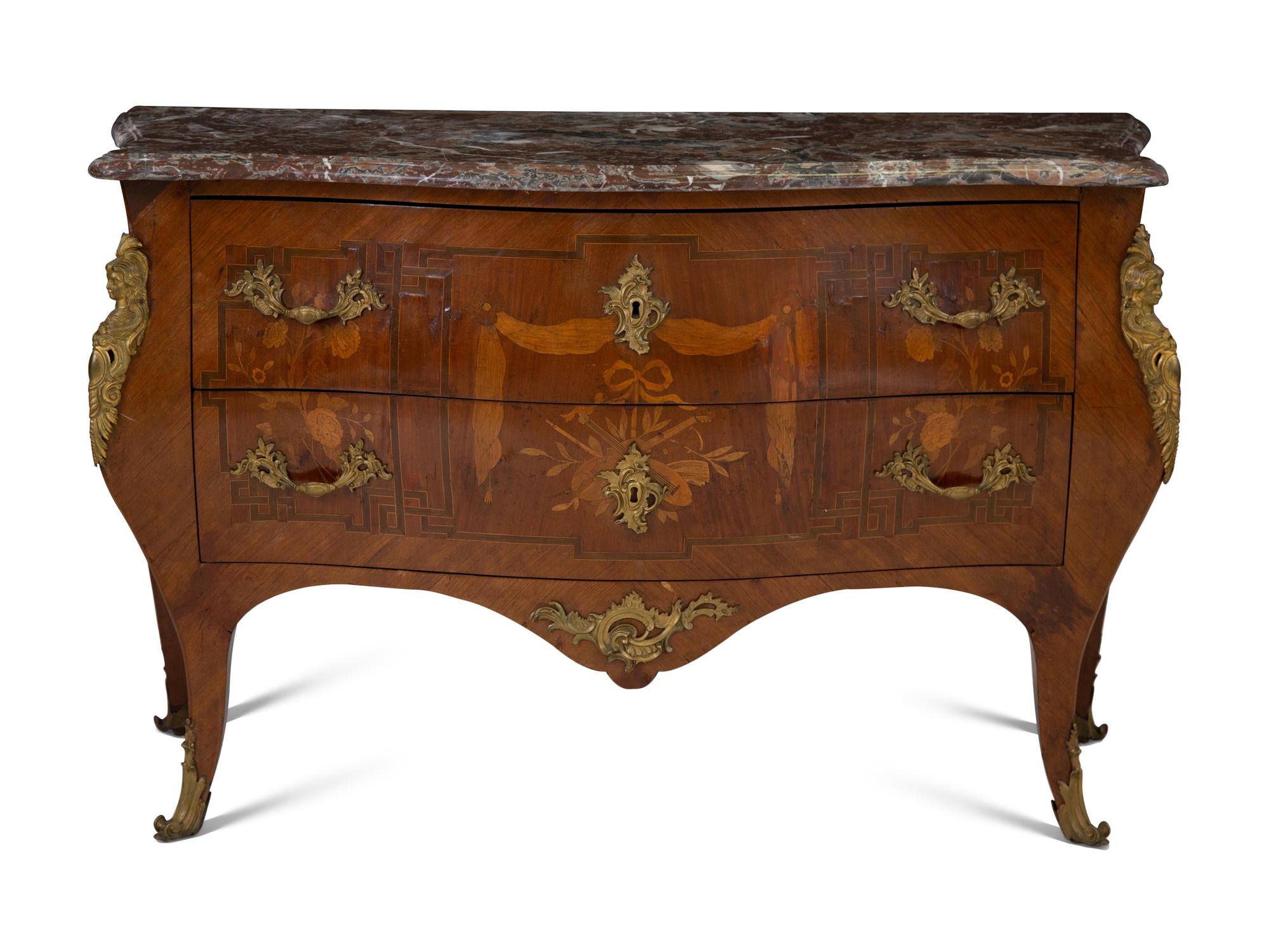 A Louis XV Style Gilt Bronze Mounted Marquetry and Kingwood Marble-Top Bombé Commode