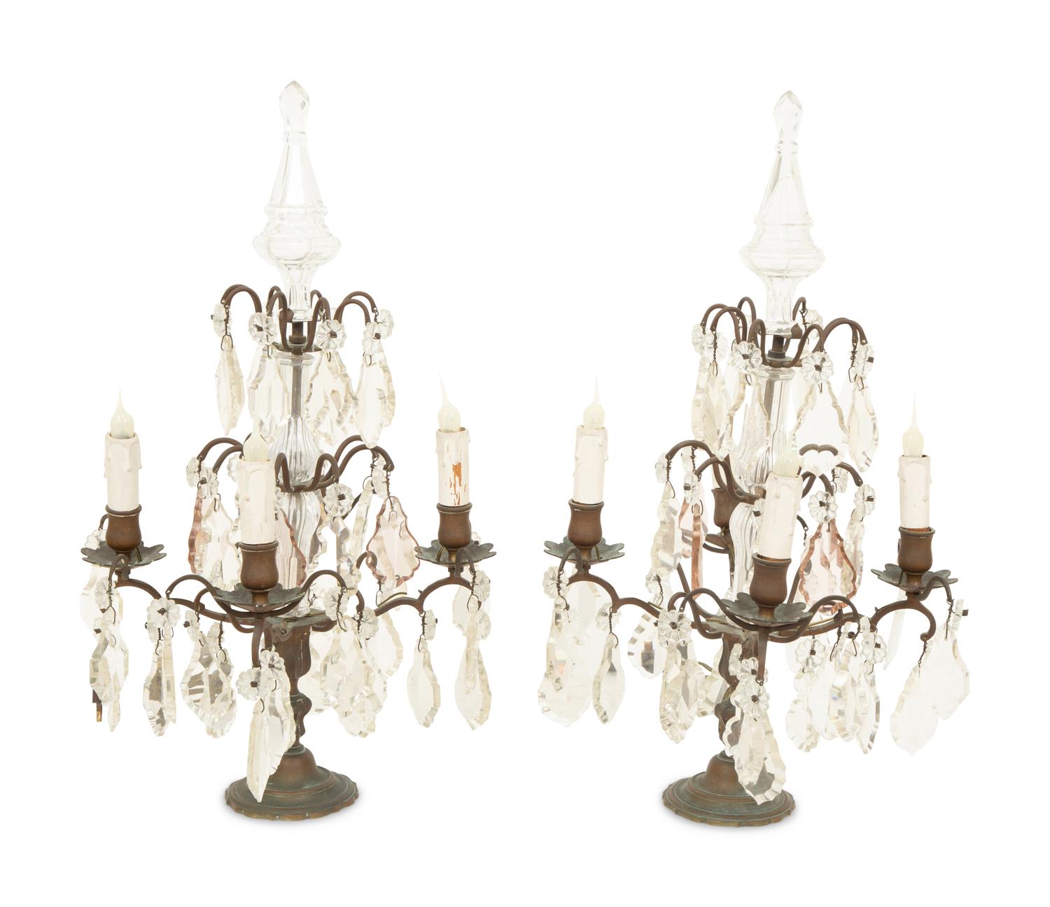 A Pair of Louis XVI Style Cast Metal and Cut Glass Four-Light Girandoles