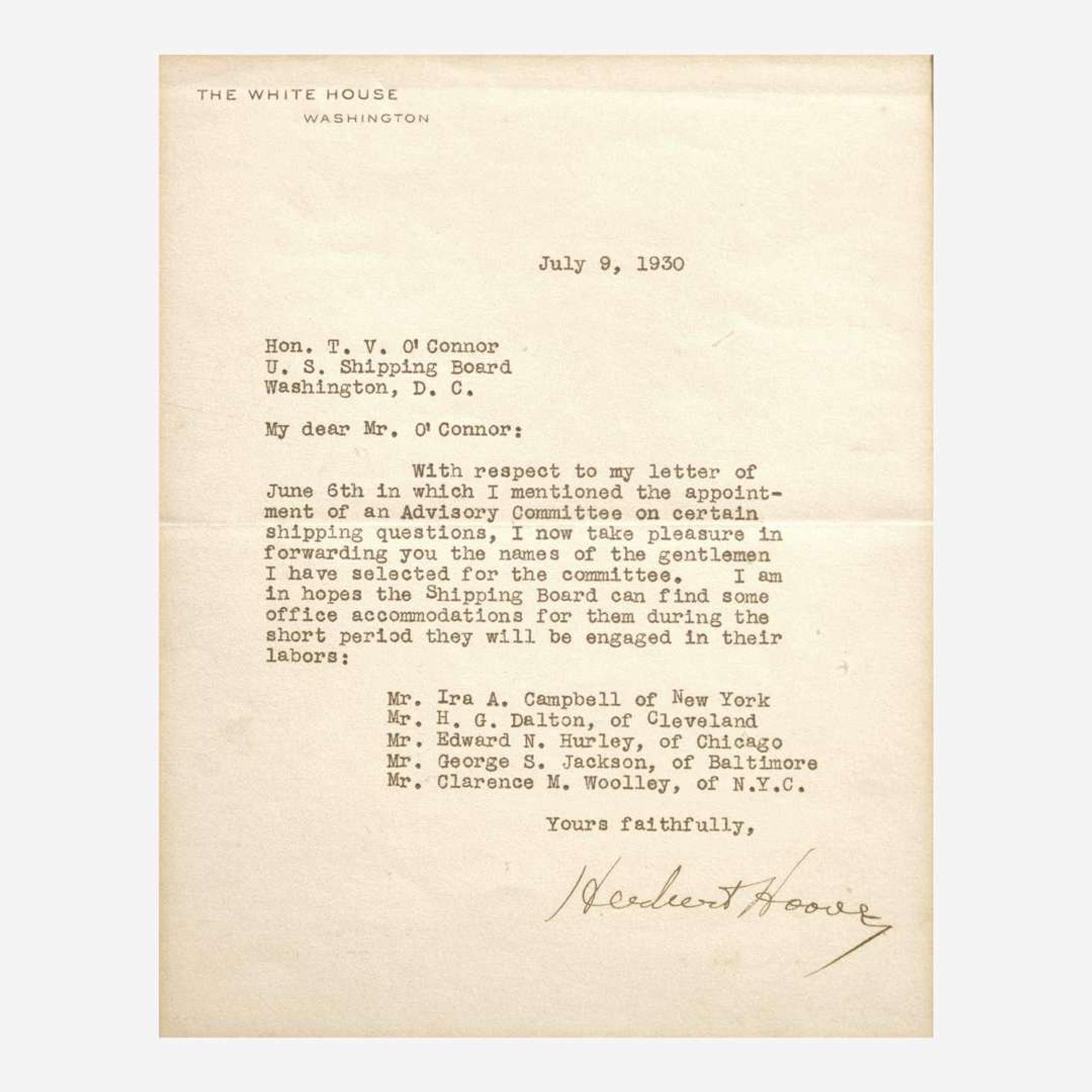 [Presidential] Taft, William H, and Woodrow Wilson and Calvin Coolidge and Herbert Hoover Group of 4 Typed Letters, signed