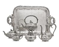 A Six-Piece Sterling Silver Floral Repousse Tea and Coffee Service