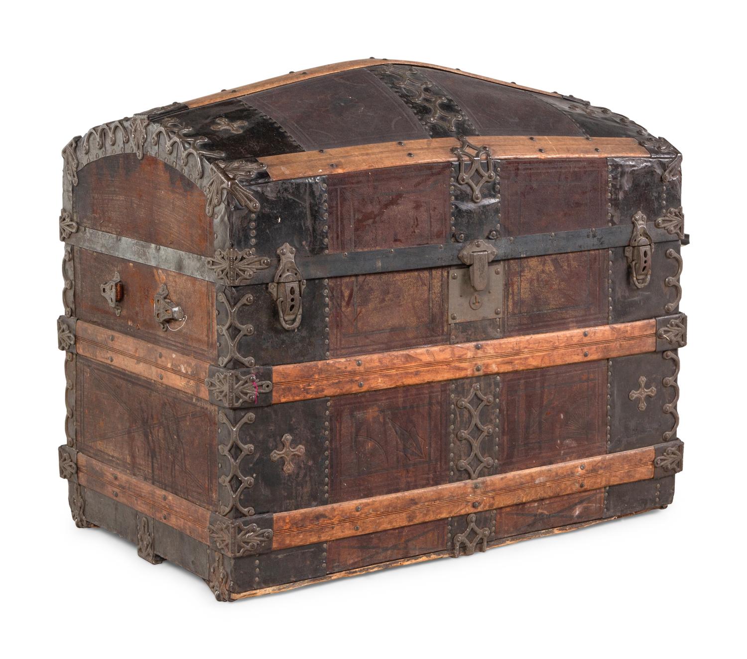 A Brass and Iron Mounted Wood Domed Top Blanket Chest