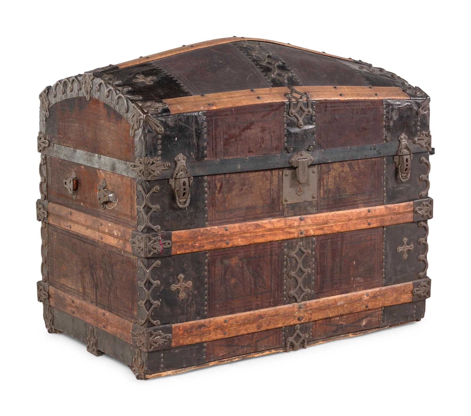 A Brass and Iron Mounted Wood Domed Top Blanket Chest