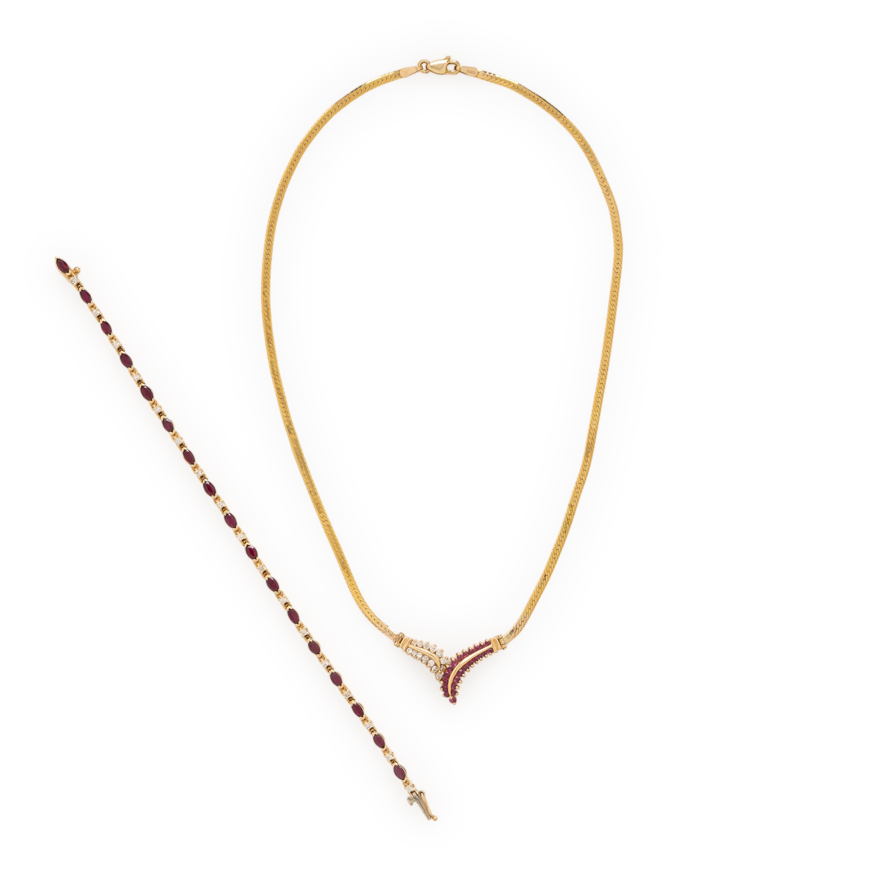 Ruby, Diamond, and Yellow Gold Necklace and Bracelet
