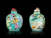 Two Chinese Enameled and Molded Porcelain Snuff Bottles