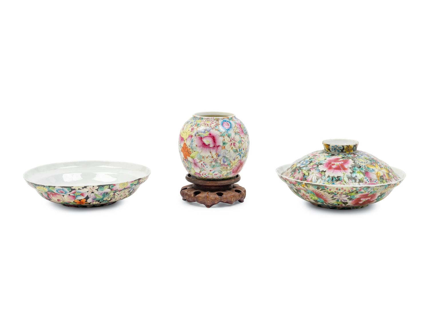 Three Chinese Famille Rose Porcelain 'Millefleur' Articles