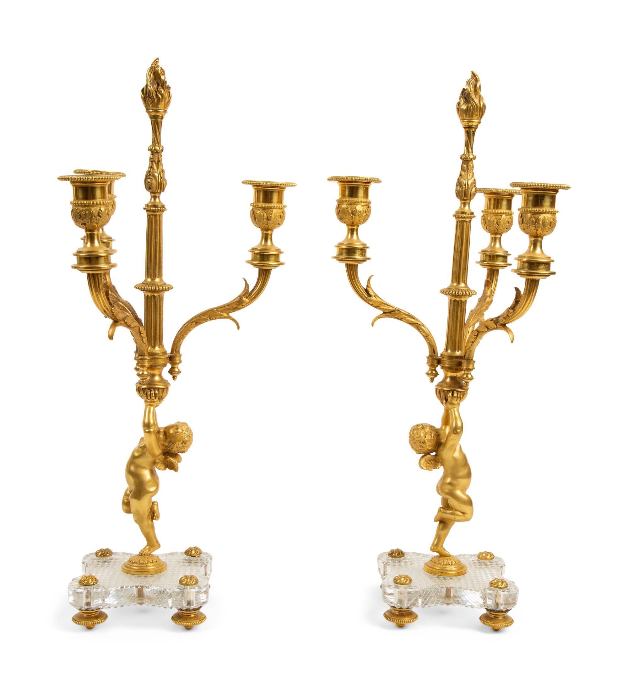 A Pair of Louis XVI Style Gilt Bronze and Cut Glass Mounted Candelabra — Baccarat, Early 20th Century