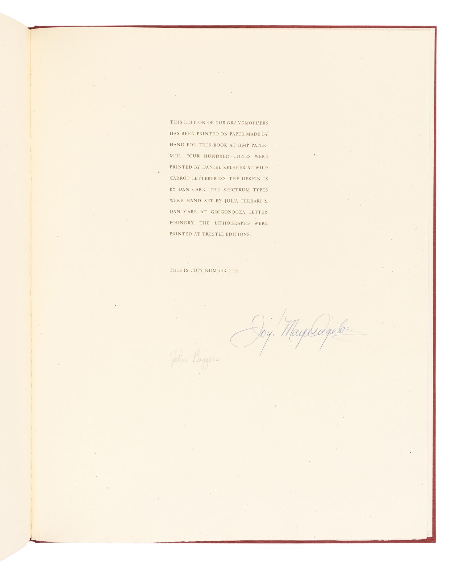 [LIMITED EDITIONS CLUB]. BIGGERS, John (1924-2001), illustrator. -- ANGELOU, Maya (1928-2014). Our Grandmothers . New York: The Limited Editions Club, 1994.